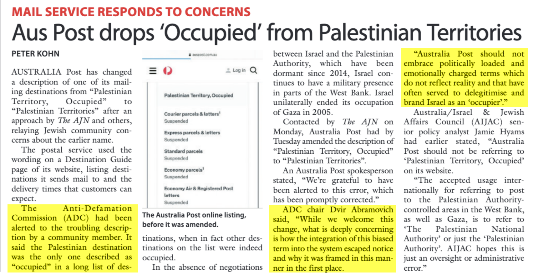 Australia Post drops ‘Occupied’ from Palestinian Territories after ADC intervention