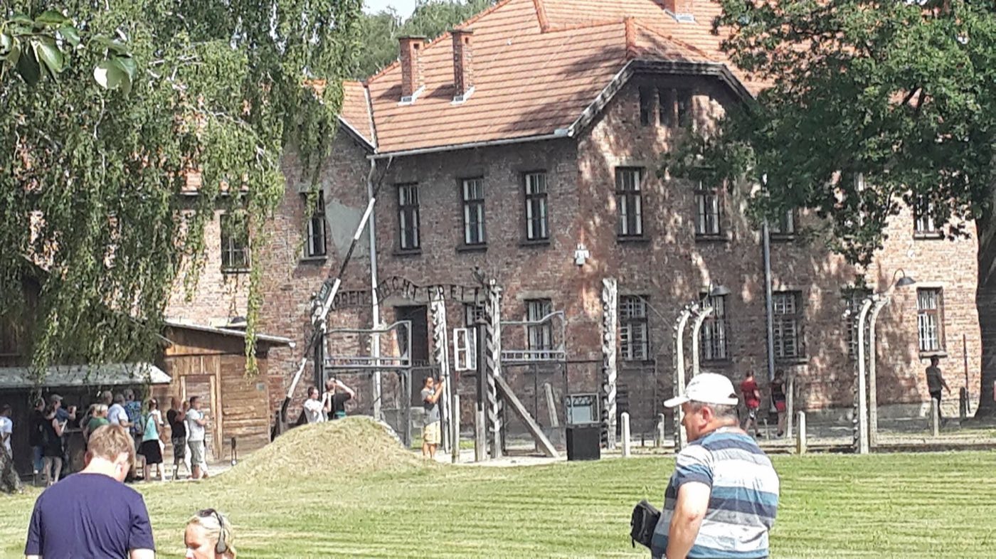 Visitors at the former Auschwitz I camp, now a memorial and museum.