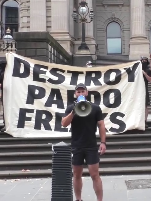 Thomas Sewell at a rally on the steps of Parliament House, Melbourne, in March 2023.